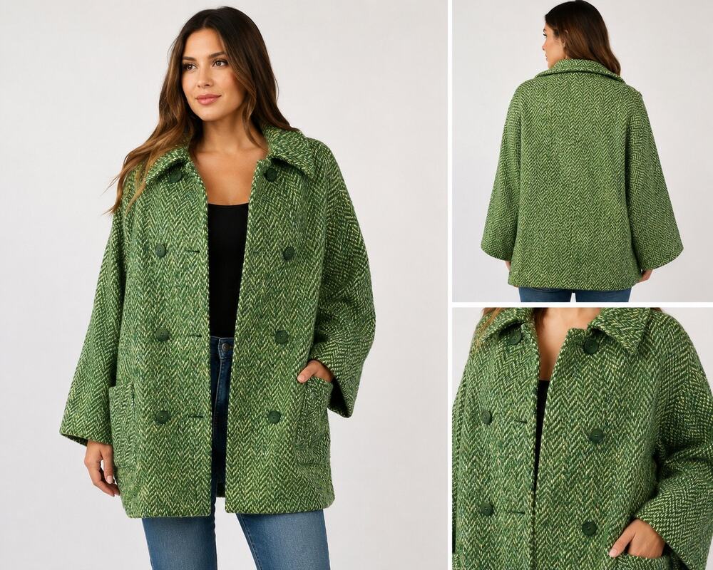 Boyne Valley Weavers Ireland Wool Alpaca Tweed Coat Green Herringbone 2X